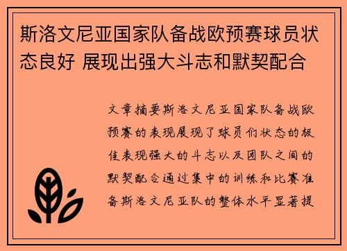 斯洛文尼亚国家队备战欧预赛球员状态良好 展现出强大斗志和默契配合