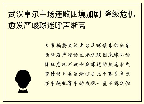 武汉卓尔主场连败困境加剧 降级危机愈发严峻球迷呼声渐高