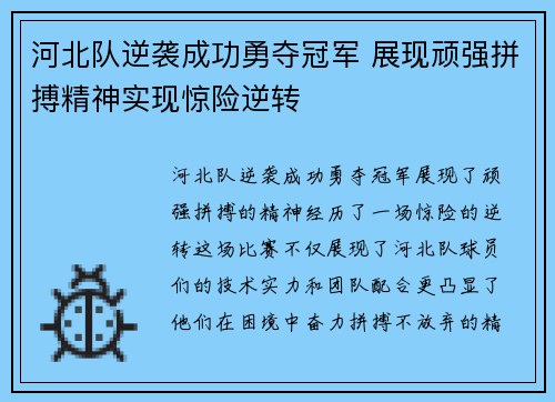 河北队逆袭成功勇夺冠军 展现顽强拼搏精神实现惊险逆转