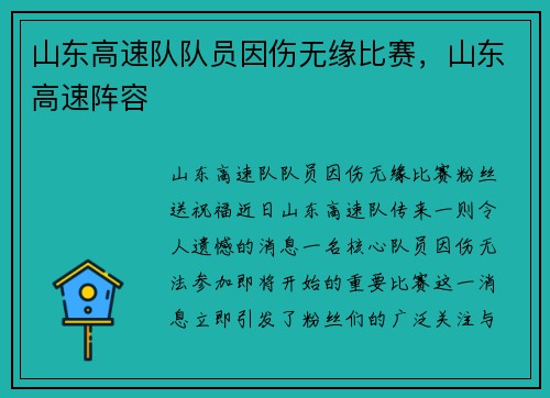 山东高速队队员因伤无缘比赛，山东高速阵容