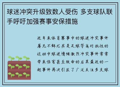 球迷冲突升级致数人受伤 多支球队联手呼吁加强赛事安保措施