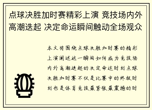 点球决胜加时赛精彩上演 竞技场内外高潮迭起 决定命运瞬间触动全场观众